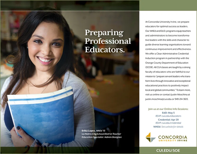 Concordia University Irvine ad for degree programs in educational leadership.