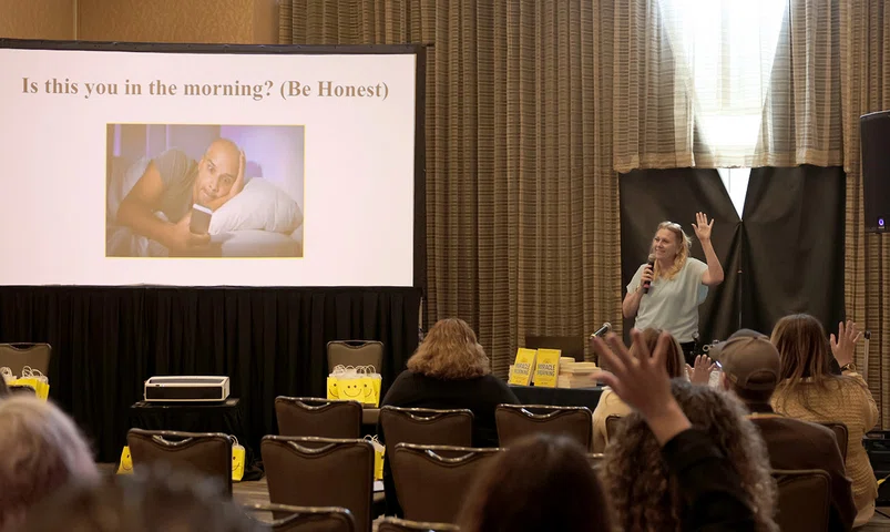 Barbara Sorter asks attendees if they get sucked into their phones during her session.