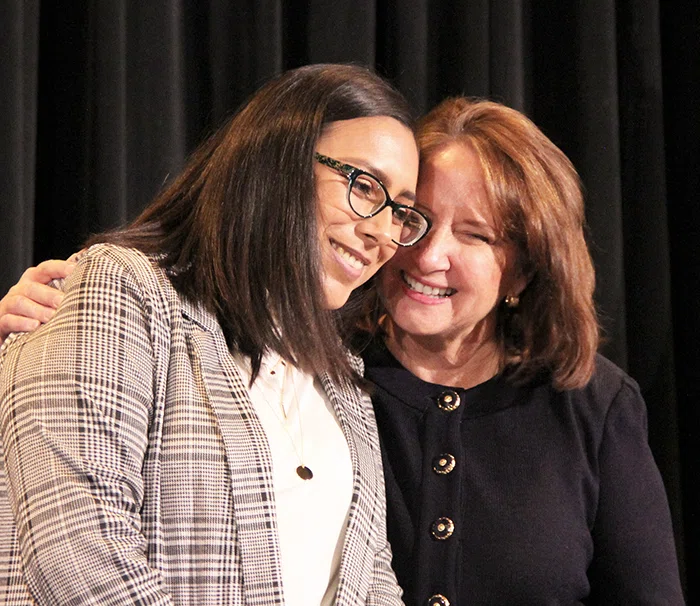 ACSA President Linda Kaminski congratulates Region 10 winner Cindy Aguilar-Castañeda.