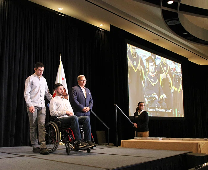 Every Student Succeeding winner Keannu Linnell has his video story shared during the ESS Luncheon.