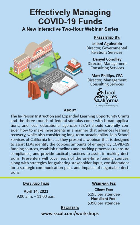 School Services of California ad for a webinar on effecively managing COVID-19 funds.